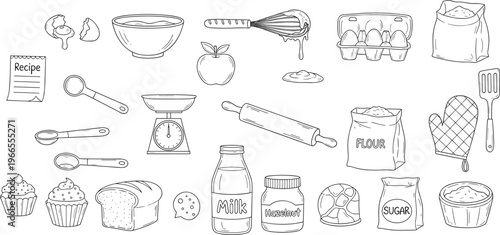 Baking tools illustration, kitchen utensils icon, recipe ingredients graphic, cooking equipment design, pastry preparation symbol, culinary concept art image