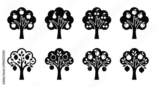 Various fruit trees silhouettes healthy food and nature concept vector illustration