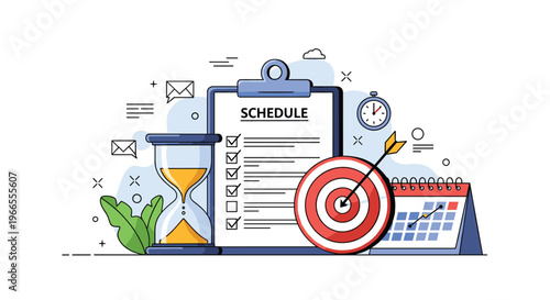Time management and project schedule planning concept with a clipboard, target, hourglass, calendar, and various work productivity icons.