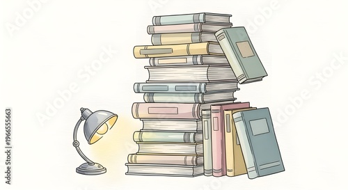 Illustration of a towering stack of knowledge books illuminated by a glowing desk lamp, symbolizing continuous learning, academic pursuit, and dedicated study