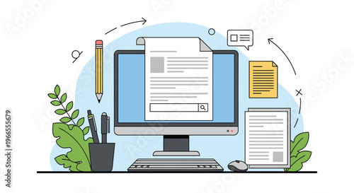 Content creation and digital blogging workspace illustration with a desktop monitor, document, writing tools, and green plant leaves.