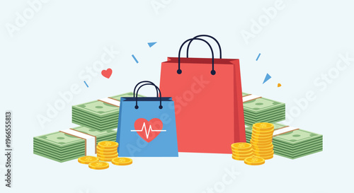 Healthcare costs and medical insurance savings concept with shopping bags, heart symbols, and large stacks of dollar bills and coins.