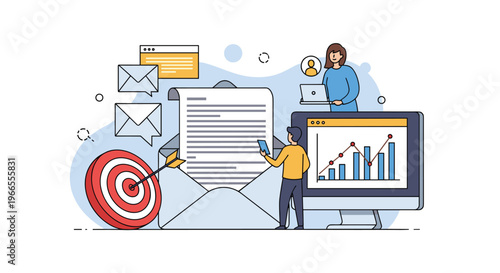 Digital marketing strategy and email campaign analysis concept with a target, mail envelope, statistics charts, and business professionals.