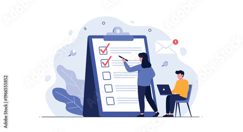 Task management and team productivity concept with a woman marking a giant checklist while a colleague works on his laptop computer.