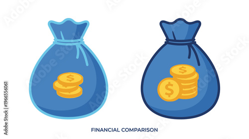 Two dollar money bags with gold coin stacks, light and dark blue outlines, labeled financial comparison, savings versus investment analysis concept.