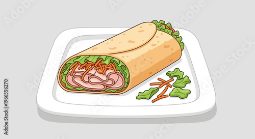 Illustrated Wrap Sandwich on White Plate.