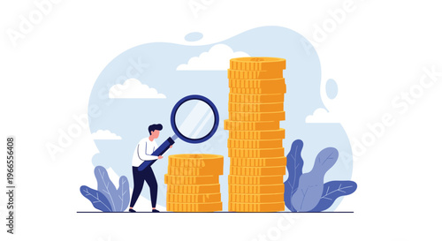 Financial analyst using a magnifying glass to examine a large stack of gold coins symbolizing investment growth and monetary success.