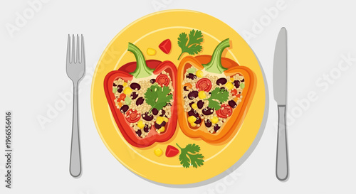 Stuffed Bell Peppers on Yellow Plate.