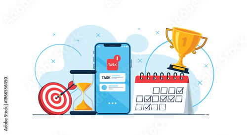 Productivity and task management concept featuring a smartphone, calendar, hourglass, and target for efficient project organization.