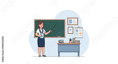 Teacher Teach Student in Classroom Pointing at Blackboard School with Wooden Stick Vector Illustration
