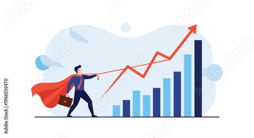 Businessman wearing a superhero cape pulling a growth chart upwards to represent successful business performance and strong leadership.