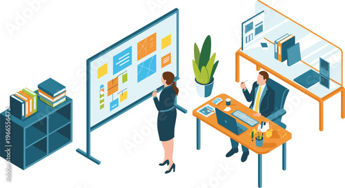 Isometric office project management concept, business workflow planning board team collaboration workspace productivity strategy vector illustration modern design