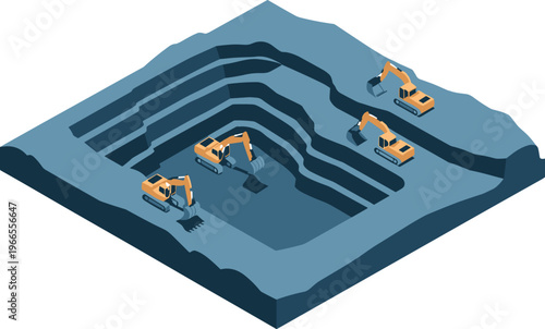 Isometric open pit mining with excavators, quarry excavation layers, heavy machinery operation, mineral extraction process, industrial mining landscape illustration concept