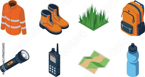 isometric outdoor hiking gear set, safety jacket boots backpack map flashlight radio water bottle, camping equipment illustration concept