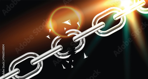 Broken Chain Vector Background with Light Burst Effect, Metal Link Explosion Symbol of Freedom Strength and Power, Abstract Business Breakthrough Concept Illustration