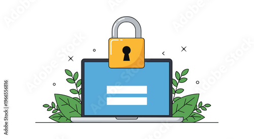 Computer security and data privacy concept with a giant yellow padlock on top of a laptop screen surrounded by natural green leaves.