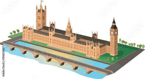 Isometric Palace of Westminster with Big Ben and bridge over River Thames detailed London landmark architectural illustration scenic city view