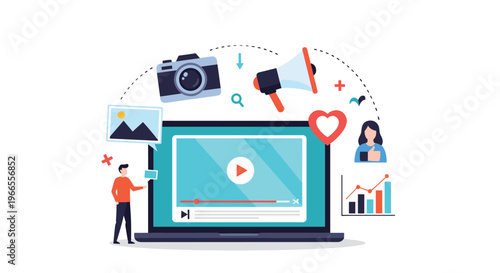 Multimedia and video marketing concept featuring a laptop playing a video surrounded by various digital content and social media icons.