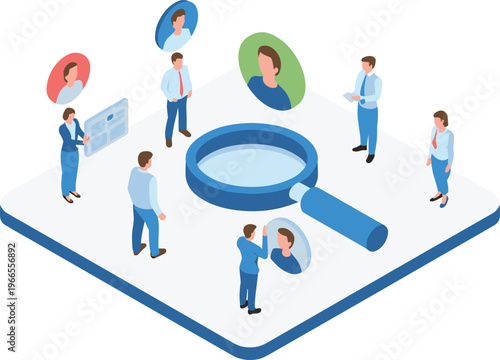 Isometric recruitment concept, HR team candidate selection hiring process magnifying glass search talent human resources vector illustration modern design