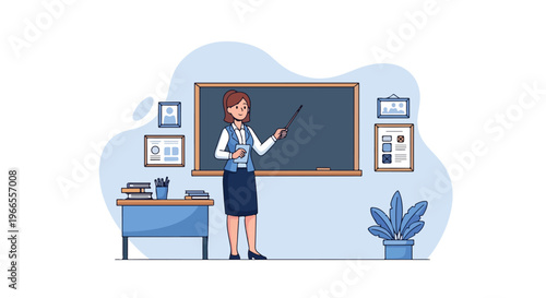 Teacher Teach in Classroom School  Pointing at Blackboard with Wooden Stick Vector Illustration