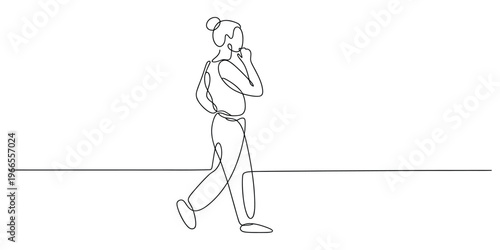 Continuous line drawing of a pensive woman walking while lost in deep thought and contemplation