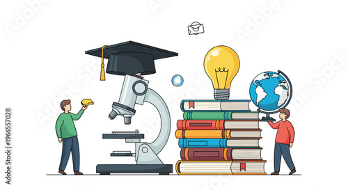 Education and scientific research concept with two people, a large microscope, stacks of books, a globe, and a light bulb for ideas.
