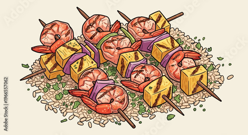 Shrimp and Vegetable Skewers Illustration.