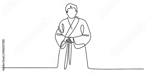 Minimalist one line art illustration of a man dressed in traditional east asian hanbok attire