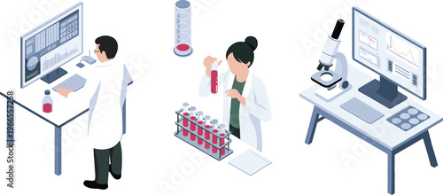 Isometric scientific research process showing data analysis chemical testing and microscopic examination in modern laboratory environment with professional scientists