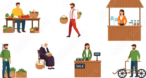 Diverse Farmers Market Characters Set Featuring Milk Vendor Produce Sellers Delivery Man and Local Shopkeepers for Small Business and Community Grocery Designs
