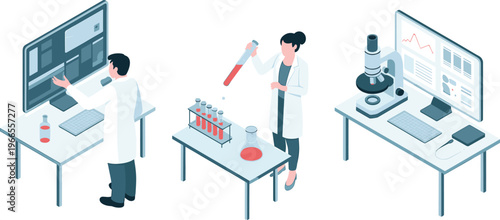 Isometric science laboratory workflow with researchers analyzing data experimenting chemicals and using microscope in modern research lab environment illustration