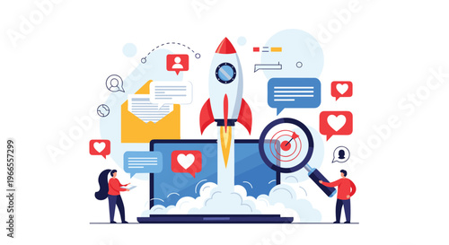 Business startup and social media launch concept featuring a rocket taking off from a laptop surrounded by various digital marketing icons.