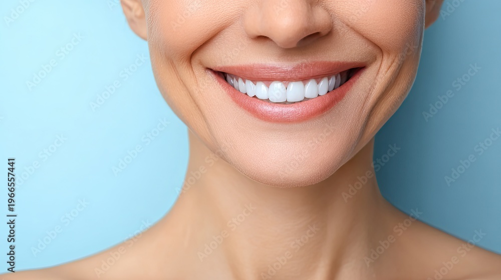 Obraz premium Close-up of healthy white teeth with clean gums against a blue gradient background. 