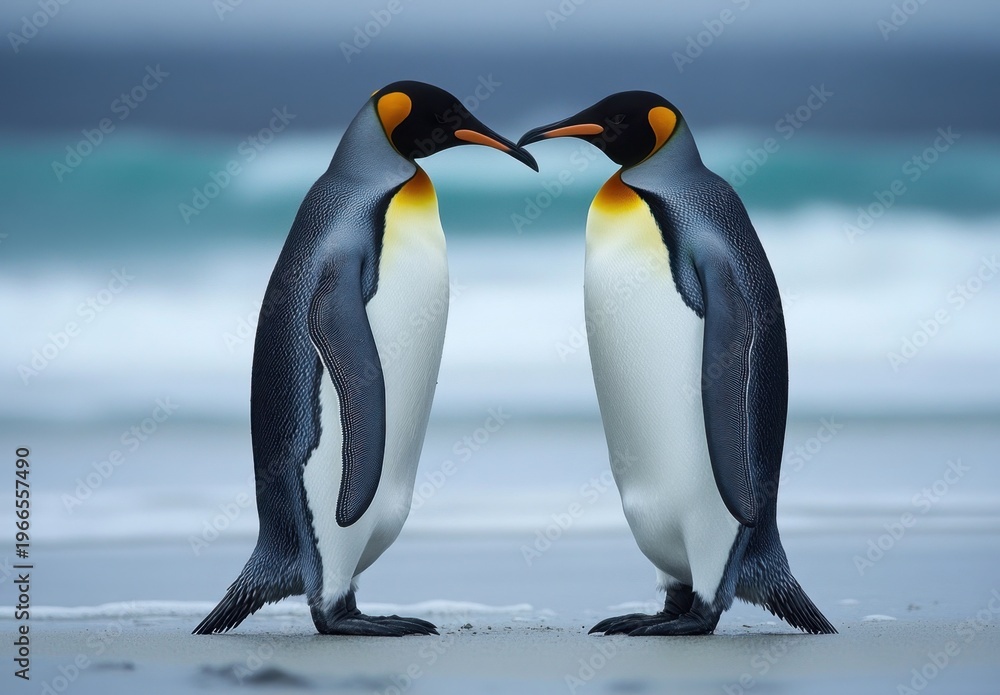 Fototapeta premium Two King Penguins Facing Each Other on Beach