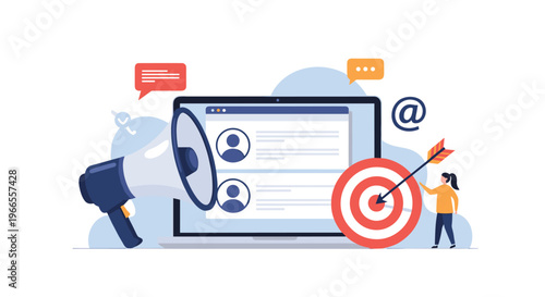 Digital marketing and customer profiling concept showing a woman aiming at a target next to a laptop displaying various user profiles.