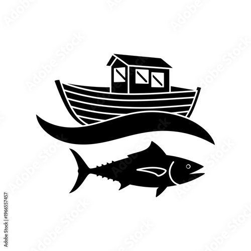 Silhouette of a boat with tuna fish and ocean wave