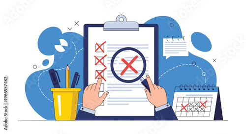 Quality assurance and error detection concept with hands using a magnifying glass to check a list with red crosses next to a calendar.