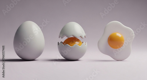 Three eggs in different states whole cracked and fried on a plain background