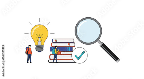 Learning and knowledge discovery concept with two people walking near a giant light bulb, stacks of books, and a large magnifying glass.