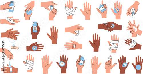 Diverse Hand Wound Care Icon Bundle Featuring Bandaging Antiseptic Application Stitched Scars and First Aid Treatments in Various Skin Tones for Medical Healthcare Manuals