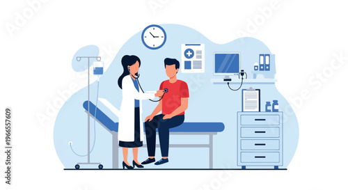 Doctor Examining Patient with Stethoscope in Clinic Medical Checkup Hospital Health Center Vector Illustration