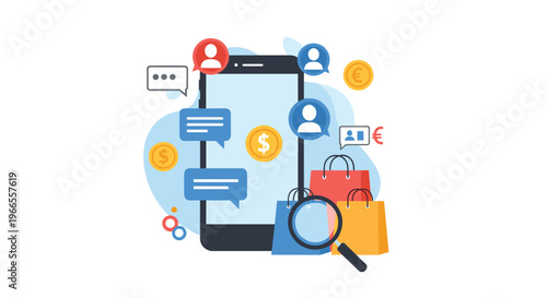 Mobile shopping and e-commerce concept with a smartphone, colorful shopping bags, money coins, and a magnifying glass for product search.