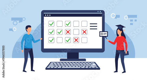 Online testing and digital education concept showing a man and a woman in a graduation cap standing next to a large computer monitor.