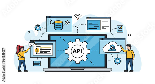 API integration and software development concept showing two people working around a laptop and several floating web application windows.