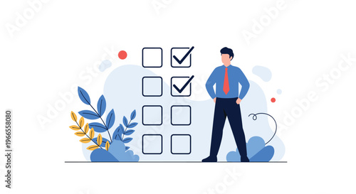 Project tracking and task management concept with a businessman standing next to a large checklist with several successfully completed items.
