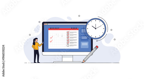 Organized worker manages daily tasks using a large computer screen displaying a digital calendar and priority checklist.