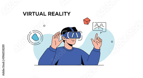 Young man interacts with a digital environment using a virtual reality headset to experience immersive technology.