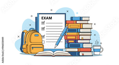 Student prepares for a school exam with a checklist document surrounded by books, a backpack, and essential supplies.