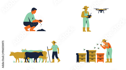 Farmers doing regenerative agriculture practices icons