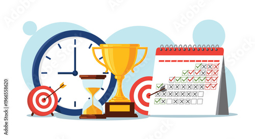 Achievement symbols including a trophy and targets are surrounded by time management tools like a clock and calendar.